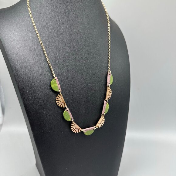 3/$30 Sunburst Pendant Necklace Gold Green Boho Geometric Link Statement 18" - Picture 4 of 10